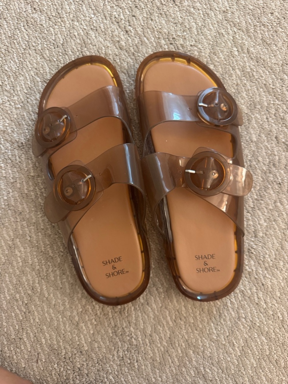 Shade & Shore Amber Brown Jelly Slide Sandals with Buckle Accents